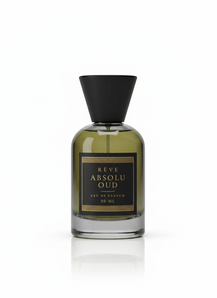 ABSOLU OUD by RÊVE, 50ml eau de parfum bottle on white