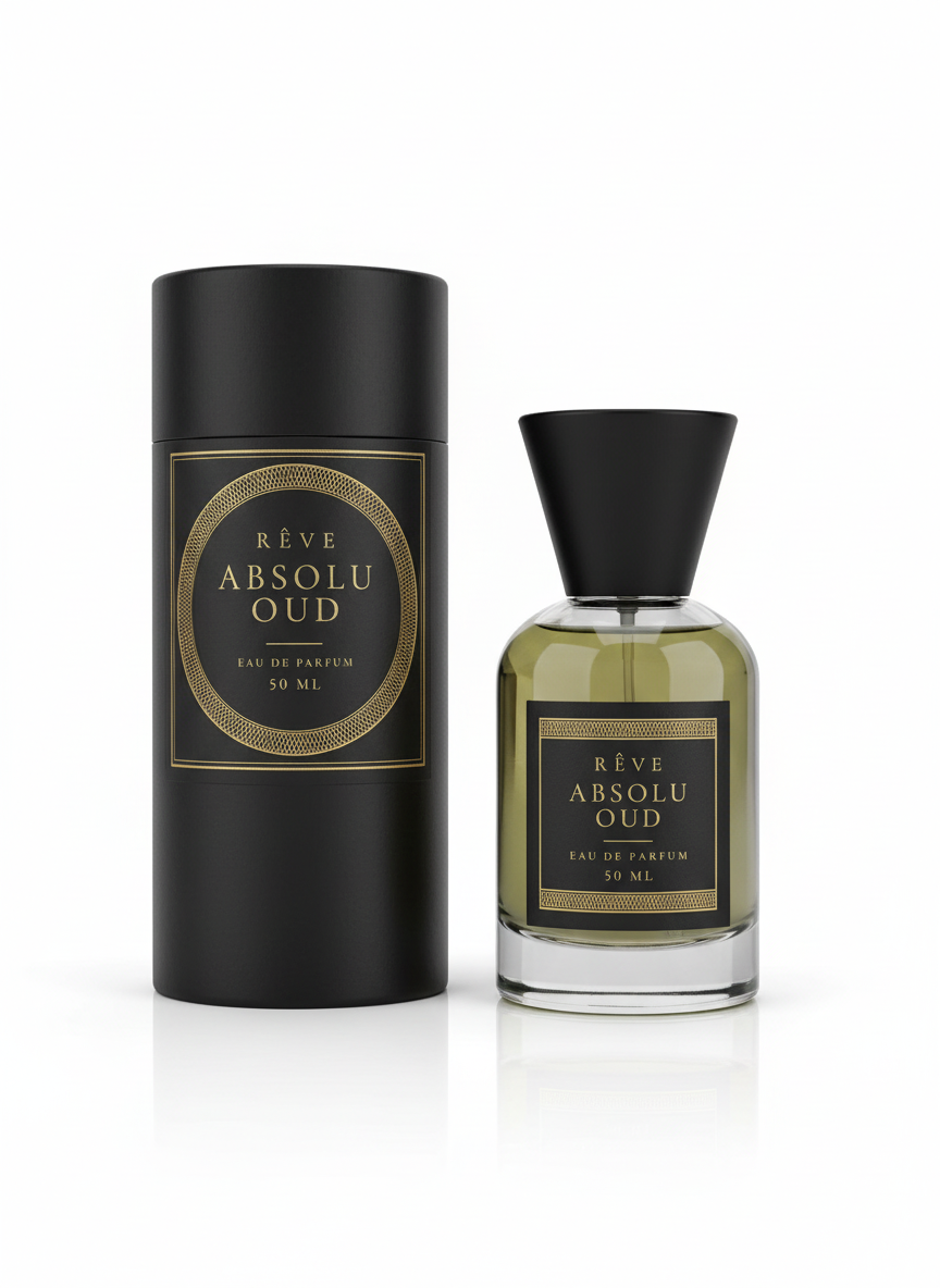 ABSOLU OUD by RÊVE bottle with its black keepsake tube