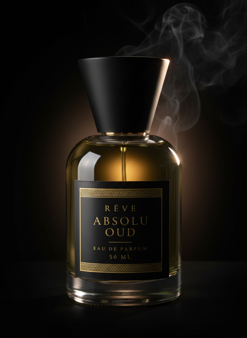 ABSOLU OUD by RÊVE close up with a wisp of smoke