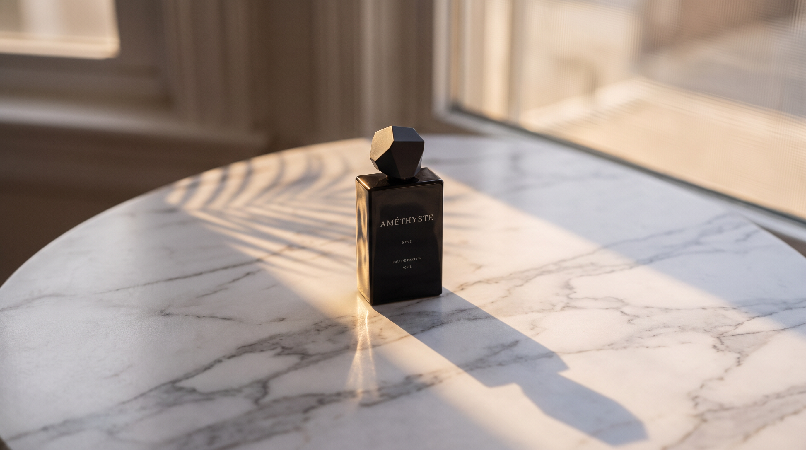 AMÉTHYSTE by RÊVE eau de parfum on a marble table in golden hour light