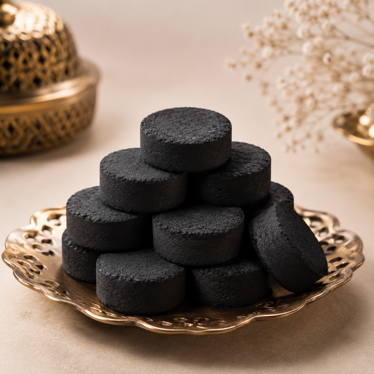 Oud Bakhoor — black Arabian incense discs on a brass plate by OUD REVE