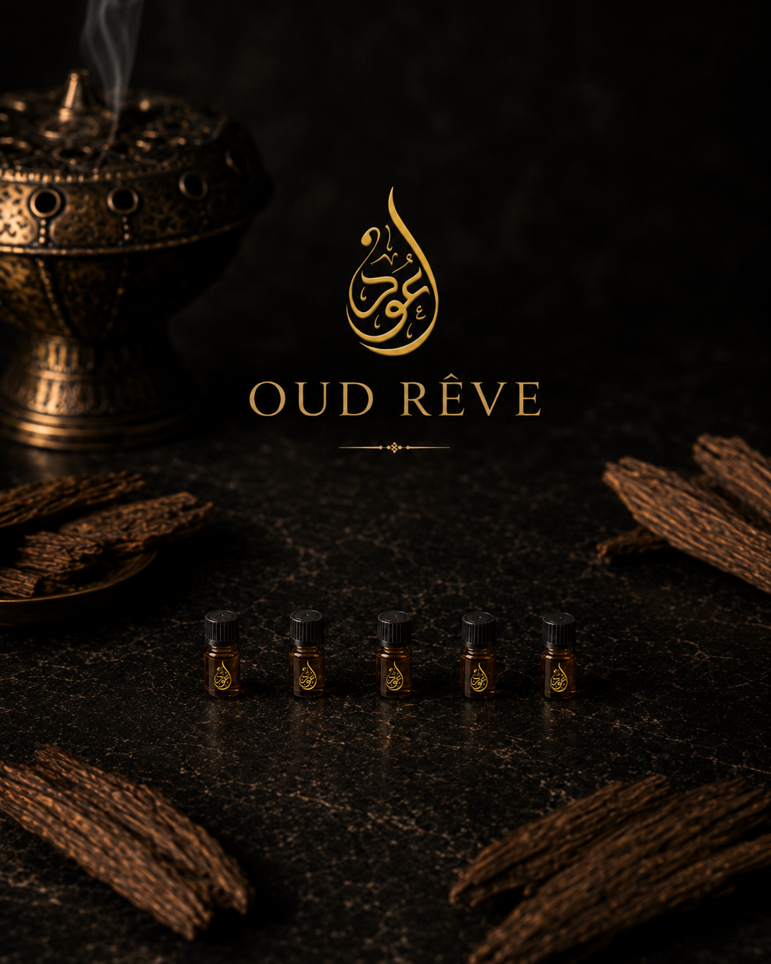 OUD REVE Discovery Sample Set — five oud oil samples on dark marble