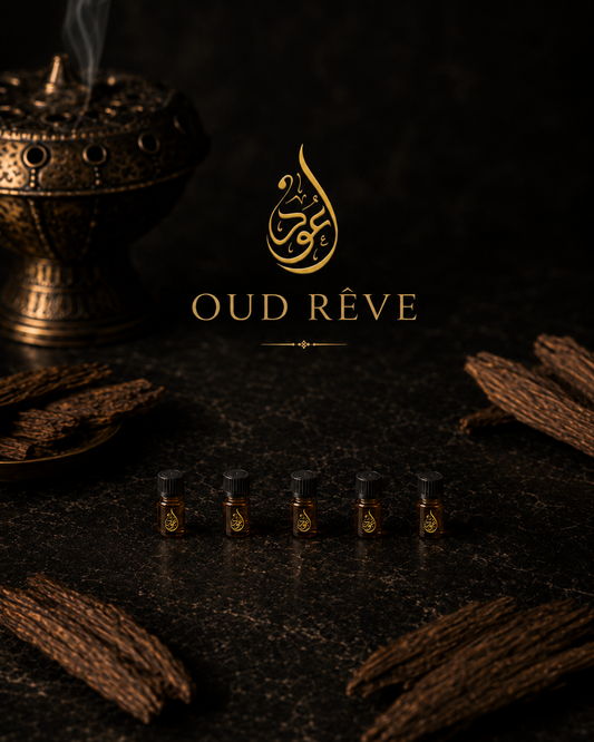 OUD REVE Discovery Sample Set — five oud oil samples on dark marble